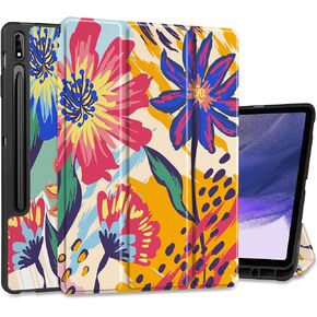 MEEgoodo Case for Samsung Galaxy Tab S8 Plus 2022/S7 FE 2021/S7 Plus 2020 12.4 inch Cover with S Pen Holder,Tablet Cases with Folding Stand+Soft TPU Back Shell + Auto Wake/Sleep,Golden Flowers & Herbs