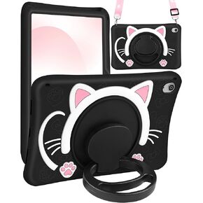 for iPad Air 11 Inch Case M2 2024 Girls Cute Cat Kawaii Cover Girly 3D Cartoon Women Kitten with Rotating Handle Stand & Strap Soft Silicone Funda for iPad Air M2 Case 11 Inch