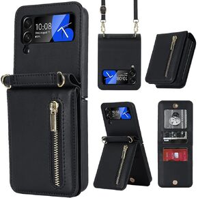 Asuwish Phone Case for Samsung Galaxy Z Flip 4 5G 2022 Wallet Cover with Credit Card Holder Zipper Slot Crossbody Strap Lanyard Leather Stand Cell Accessories ZFlip4 Z4 Flip4 4Z Women Girls White