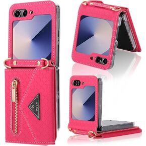 for Samsung Galaxy Z Flip 6 Zipper Wallet Case with Crossbody Strap- Fashionable Slim Thin and Smart Travel Accessory with Card Pockets.(Pink)