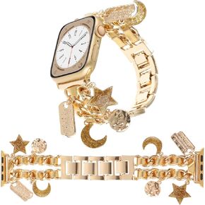 Stylish Metal Wristband Compatible with Apple Watch Band 38mm 40mm 41mm,Cuban Chain Bracelet with Star Moon Love Pendants Cute Strap for iWatch Series 9 8 7 6 5 4 3 SE Charms for Women(38/40/41MM,Star Moon Gold)