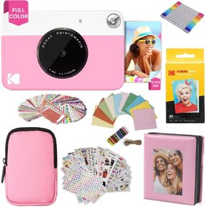 KODAK Printomatic Full-Color Instant Print Camera Gift Bundle + Soft Case + Zink 2x3 Sticky Back Photo Paper 20pk + Album + Sticker Sets + Sticker Frames + Hanging Frames + Markers, Fun Gift - Pink