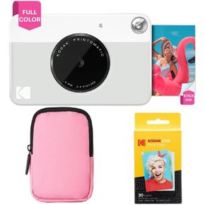 KODAK Printomatic Full-Color Instant Print Camera Starter Bundle + Soft Case + Zink 20pk Photo Paper - Colorful Photos On 2x3 Sticky-Back Paper - Fun Gift for Birthday Christmas Holiday - Grey