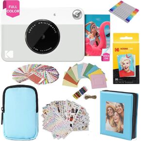 KODAK Printomatic Full-Color Instant Print Camera Gift Bundle + Soft Case + Zink 2x3 Sticky Back Photo Paper 20pk + Album + Sticker Sets + Sticker Frames + Markers + Hanging Frames, Fun Gift - Grey