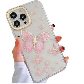 Glitter Clear Phone Case for iPhone 16 Pro Case for Women Girls, Gold Butterflies, Cute Love Heart Shaped Pattern, Slim Fit Hard Protective Case Cover for iPhone 16Pro 6.3''(Pink Butterfly)