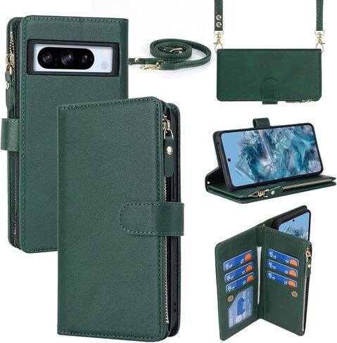 iCoverCase for Google Pixel 8 Wallet Case with Card Holder, Kickstand Feature PU Leather Case with Adjustable Crossbody Lanyard Magnetic Clasp Zipper Pocket Flip Cover (Black) in Saudi Arabia