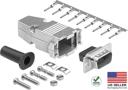 CompuCablePlusUSA.com Best DB9 Female Connector Kit, DB9 Female Crimp Type with Metal Hood + 9 Gold Plated Pro D-Sub Female Pins + Strain Relief Grommet, Most Complete DB9 Connector Kit Set in Kuwait