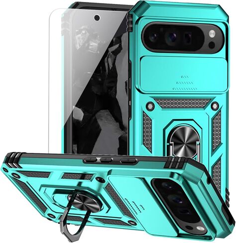 for Google Pixel 9 Pro XL Case with Camera Lens Cover HD Screen Protector, Dual Layer Military-Grade Drop Tested Magnetic Ring Holder Kickstand Protective Phone Case for Pixel 9 Pro XL (Navy Blue) in Saudi Arabia