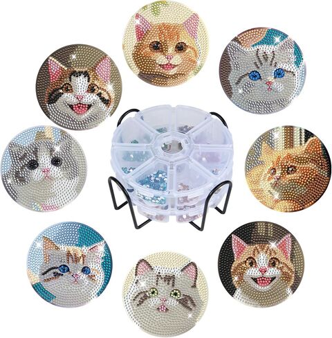 Diamond Coasters Art Painting Kit, 8pcs Diamond Cute Cat Art Coasters with Holder DIY Diamond Crafts Art Supplies for Adults Kids Beginners Beach House Decor (New Cat Style) in Saudi Arabia