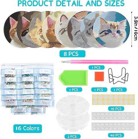 Diamond Coasters Art Painting Kit, 8pcs Diamond Cute Cat Art Coasters with Holder DIY Diamond Crafts Art Supplies for Adults Kids Beginners Beach House Decor (New Cat Style) in Saudi Arabia