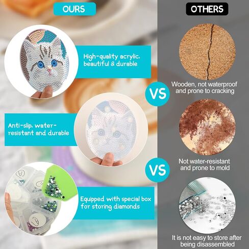 Diamond Coasters Art Painting Kit, 8pcs Diamond Cute Cat Art Coasters with Holder DIY Diamond Crafts Art Supplies for Adults Kids Beginners Beach House Decor (New Cat Style) in Saudi Arabia