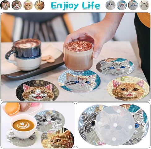 Diamond Coasters Art Painting Kit, 8pcs Diamond Cute Cat Art Coasters with Holder DIY Diamond Crafts Art Supplies for Adults Kids Beginners Beach House Decor (New Cat Style) in Saudi Arabia