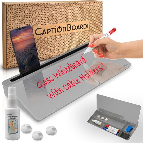 Deskboard Glass Whiteboard - 15-Inch Glass Dry Erase Board for Desk with Mobile & Tablet Stand, Office Supplies for Desktop with 3 Colored Markers, Spray Bottle, & Storage -Black & White in Saudi Arabia