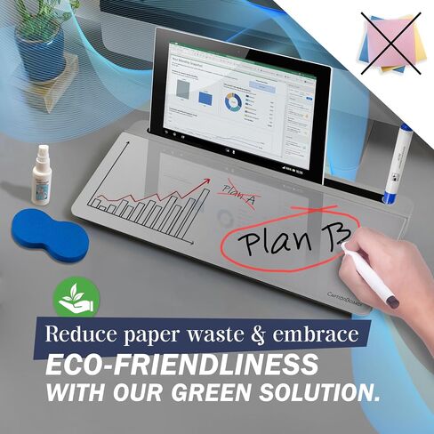 Deskboard Glass Whiteboard - 15-Inch Glass Dry Erase Board for Desk with Mobile & Tablet Stand, Office Supplies for Desktop with 3 Colored Markers, Spray Bottle, & Storage -Black & White in Saudi Arabia