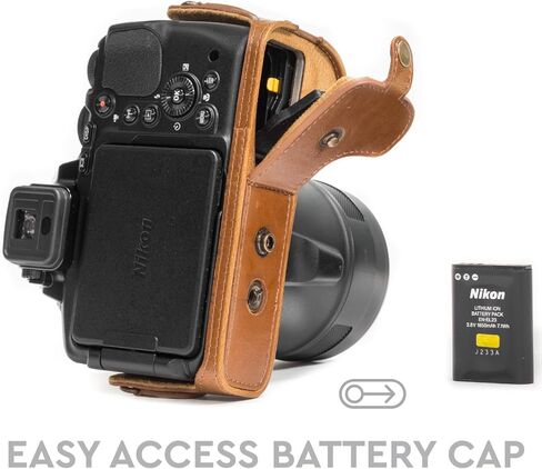 حقيبة وحزام جلدي للكاميرا من MegaGear Nikon Coolpix P900، P900S Ever Ready، مع وصول للبطارية - بني فاتح in Saudi Arabia