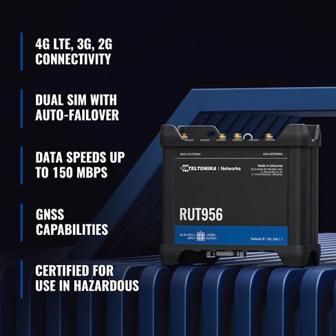 Teltonika RUT956 Industrial Cellular WiFi Router - 4G LTE (CAT 4), 3G, 2G Connectivity - Multiple Interfaces with GNSS Capabilities - Auto WAN Failover, Dual SIM Internet Router (TELRUT956A00A00) in Saudi Arabia
