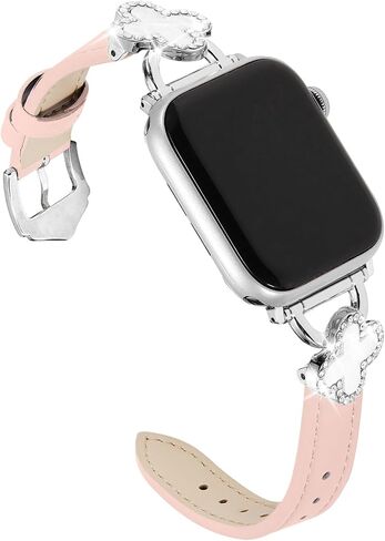 Bling Clover Leather Band Compatible with Apple Watch Women 38mm 40mm 41mm 42mm(2024 series 10) 44mm 45mm 46mm 49mm, Sparkling Diamond Strap for iWatch Series 10 9 8 SE 7 6 5 4 3 2 1 Ultra 1/2 in Saudi Arabia