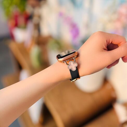 Bling Clover Leather Band Compatible with Apple Watch Women 38mm 40mm 41mm 42mm(2024 series 10) 44mm 45mm 46mm 49mm, Sparkling Diamond Strap for iWatch Series 10 9 8 SE 7 6 5 4 3 2 1 Ultra 1/2 in Saudi Arabia