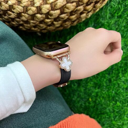 Bling Clover Leather Band Compatible with Apple Watch Women 38mm 40mm 41mm 42mm(2024 series 10) 44mm 45mm 46mm 49mm, Sparkling Diamond Strap for iWatch Series 10 9 8 SE 7 6 5 4 3 2 1 Ultra 1/2 in Saudi Arabia