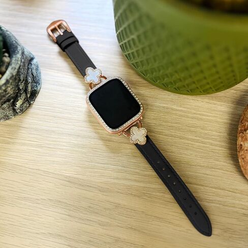 Bling Clover Leather Band Compatible with Apple Watch Women 38mm 40mm 41mm 42mm(2024 series 10) 44mm 45mm 46mm 49mm, Sparkling Diamond Strap for iWatch Series 10 9 8 SE 7 6 5 4 3 2 1 Ultra 1/2 in Saudi Arabia