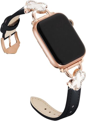 Bling Clover Leather Band Compatible with Apple Watch Women 38mm 40mm 41mm 42mm(2024 series 10) 44mm 45mm 46mm 49mm, Sparkling Diamond Strap for iWatch Series 10 9 8 SE 7 6 5 4 3 2 1 Ultra 1/2 in Saudi Arabia