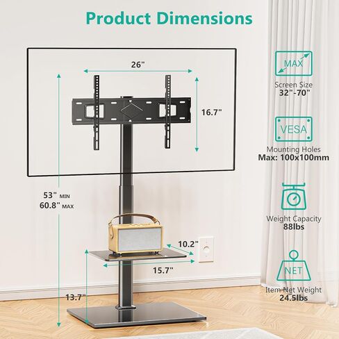 WALI Universal Floor TV Stand,TV Mount Stand with Power Outlet & AV Shelf for 32-70 inch TV, Tall TV Stand for Bedroom Holds up to 110 lbs,Height Adjustable and Wood Base (TVDVD-6P), Black in Saudi Arabia