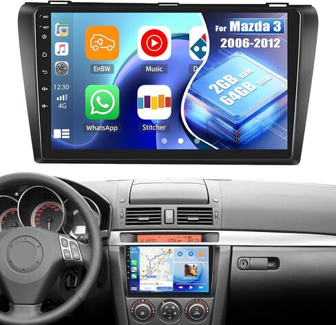 2+64G Android 13 ستيريو سيارة لمازدا 3 2006-2012 مع Apple Carplay اللاسلكي وAndroid Auto، راديو سيارة بشاشة لمس 9 بوصة مع وصلة مرآة، واي فاي، ملاحة GPS، بلوتوث، FM/RDS، SWC Daul USB + كاميرا خلفية in Saudi Arabia