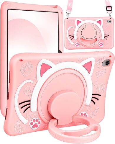 for iPad Air 11 Inch Case M2 2024 Girls Cute Cat Kawaii Cover Girly 3D Cartoon Women Kitten with Rotating Handle Stand & Strap Soft Silicone Funda for iPad Air M2 Case 11 Inch in Saudi Arabia