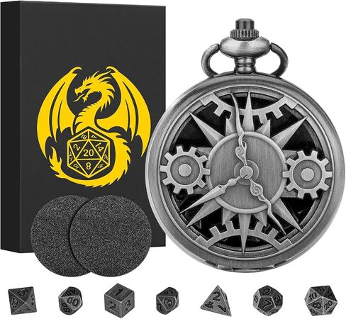 Mini DND Dice Set with Bronze Steampunk Hollow Pocket Watch Shell Case, 7pcs Polyhedral Metal D&D Dice Set, Dungeons and Dragons Gifts with Gift Box, Role Playing Board Games Accessories in Saudi Arabia