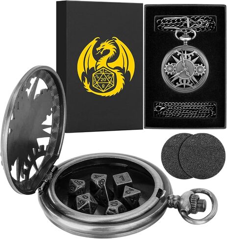 Mini DND Dice Set with Bronze Steampunk Hollow Pocket Watch Shell Case, 7pcs Polyhedral Metal D&D Dice Set, Dungeons and Dragons Gifts with Gift Box, Role Playing Board Games Accessories in Saudi Arabia