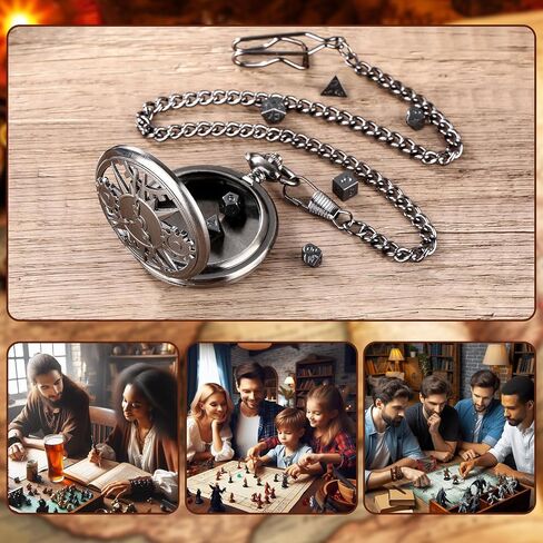 Mini DND Dice Set with Bronze Steampunk Hollow Pocket Watch Shell Case, 7pcs Polyhedral Metal D&D Dice Set, Dungeons and Dragons Gifts with Gift Box, Role Playing Board Games Accessories in Saudi Arabia