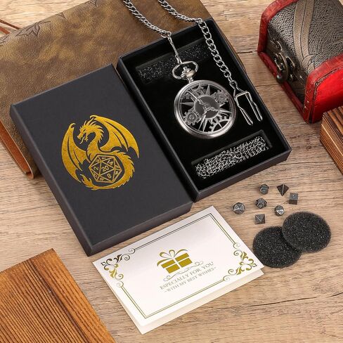 Mini DND Dice Set with Bronze Steampunk Hollow Pocket Watch Shell Case, 7pcs Polyhedral Metal D&D Dice Set, Dungeons and Dragons Gifts with Gift Box, Role Playing Board Games Accessories in Saudi Arabia