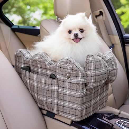 Cathpetic Small Dog Car Seat for Small Dogs - Center Console Dog Seat for Car with Clip-On Safety Leash, Double Fixed Straps and Supportive Memory Foam Filling, Dog Booster Seat, Beige Plaid in Saudi Arabia
