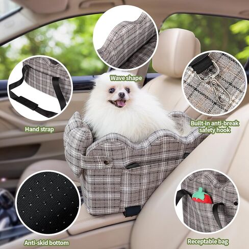 Cathpetic Small Dog Car Seat for Small Dogs - Center Console Dog Seat for Car with Clip-On Safety Leash, Double Fixed Straps and Supportive Memory Foam Filling, Dog Booster Seat, Beige Plaid in Saudi Arabia