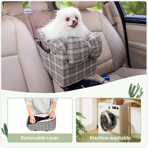 Cathpetic Small Dog Car Seat for Small Dogs - Center Console Dog Seat for Car with Clip-On Safety Leash, Double Fixed Straps and Supportive Memory Foam Filling, Dog Booster Seat, Beige Plaid in Saudi Arabia