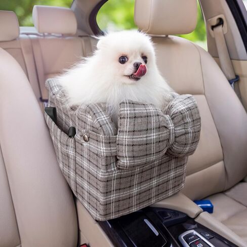Cathpetic Small Dog Car Seat for Small Dogs - Center Console Dog Seat for Car with Clip-On Safety Leash, Double Fixed Straps and Supportive Memory Foam Filling, Dog Booster Seat, Beige Plaid in Saudi Arabia