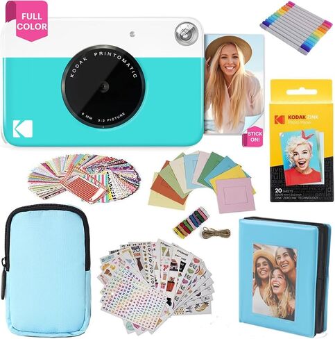 حزمة هدايا كاميرا الطباعة الفورية بالألوان الكاملة من KODAK Printomatic + حافظة ناعمة + ورق صور خلفي لاصق Zink 2x3 20pk + ألبوم + مجموعات ملصقات + إطارات ملصقات + علامات + إطارات معلقة، هدية ممتعة - أزرق in Saudi Arabia
