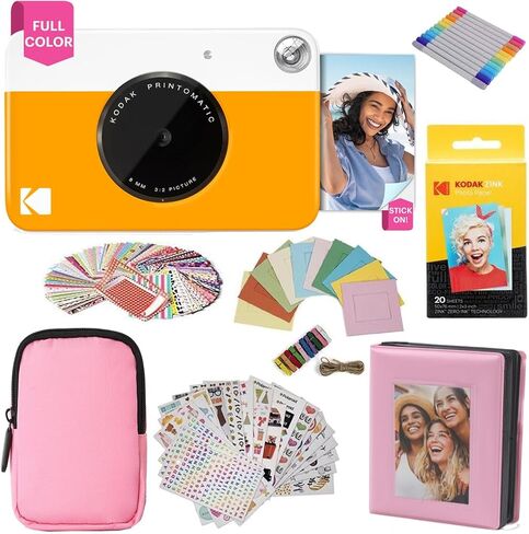 حزمة هدايا كاميرا الطباعة الفورية بالألوان الكاملة من KODAK Printomatic + حافظة ناعمة + ورق صور خلفي لاصق Zink 2x3 20pk + ألبوم + مجموعات ملصقات + إطارات ملصقات + إطارات معلقة + علامات، هدية ممتعة - أصفر in Saudi Arabia
