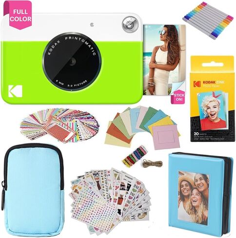حزمة هدايا كاميرا الطباعة الفورية بالألوان الكاملة من KODAK Printomatic + حافظة ناعمة + ورق صور خلفي لاصق Zink 2x3 20pk + ألبوم + مجموعات ملصقات + إطارات ملصقات + علامات + إطارات معلقة، هدية ممتعة - أخضر in Saudi Arabia