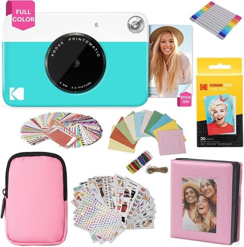حزمة هدايا كاميرا الطباعة الفورية بالألوان الكاملة من KODAK Printomatic + حافظة ناعمة + ورق صور خلفي لاصق Zink 2x3 20pk + ألبوم + مجموعات ملصقات + إطارات ملصقات + إطارات معلقة + علامات، هدية ممتعة - أزرق in Saudi Arabia