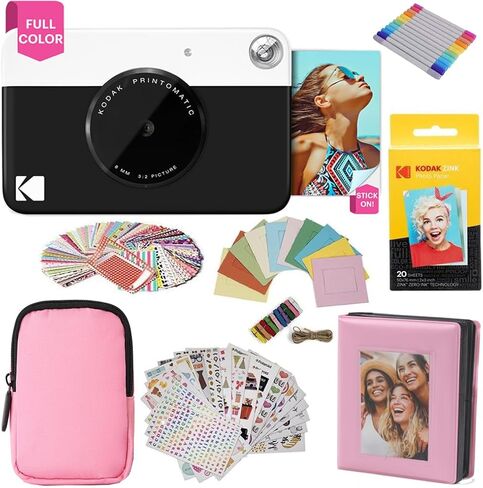 KODAK Printomatic Full-Color Instant Print Camera Gift Bundle + Soft Case + Zink 2x3 Sticky Back Photo Paper 20pk + Album + Sticker Sets + Sticker Frames + Hanging Frames + Markers, Fun Gift - Black in Saudi Arabia