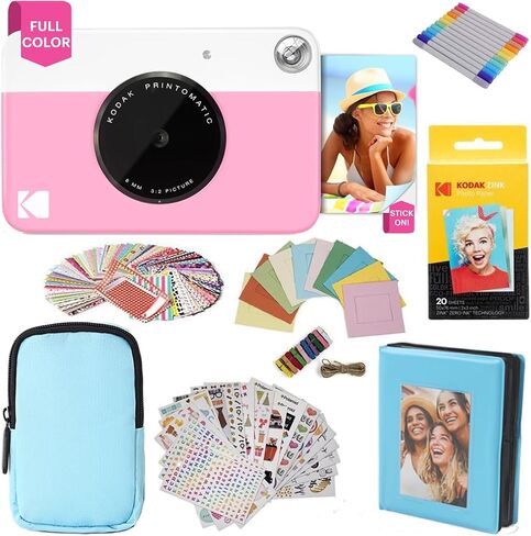 KODAK Printomatic Full-Color Instant Print Camera Gift Bundle + Soft Case + Zink 2x3 Sticky Back Photo Paper 20pk + Album + Sticker Sets + Sticker Frames + Markers + Hanging Frames, Fun Gift - Pink in Saudi Arabia