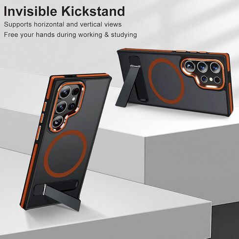 Case for Samsung Galaxy S24 Ultra with Kickstand, Compatible with MagSafe, Anti-Slip Galaxy S24 Ultra Case, 3-Modes Stand Military-Grade Protection, S24 Ultra Magnetic Cover (Black/Orange) in Saudi Arabia
