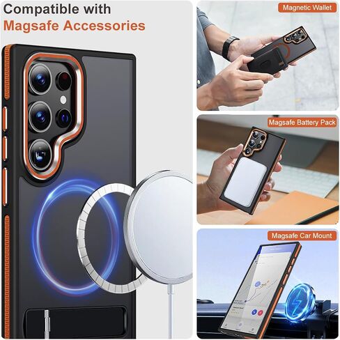 Case for Samsung Galaxy S24 Ultra with Kickstand, Compatible with MagSafe, Anti-Slip Galaxy S24 Ultra Case, 3-Modes Stand Military-Grade Protection, S24 Ultra Magnetic Cover (Black/Orange) in Saudi Arabia