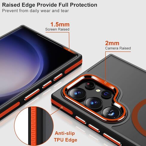 Case for Samsung Galaxy S24 Ultra with Kickstand, Compatible with MagSafe, Anti-Slip Galaxy S24 Ultra Case, 3-Modes Stand Military-Grade Protection, S24 Ultra Magnetic Cover (Black/Orange) in Saudi Arabia