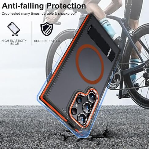 Case for Samsung Galaxy S24 Ultra with Kickstand, Compatible with MagSafe, Anti-Slip Galaxy S24 Ultra Case, 3-Modes Stand Military-Grade Protection, S24 Ultra Magnetic Cover (Black/Orange) in Saudi Arabia