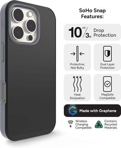 ZAGG SoHo Snap Case for iPhone 16 Pro - MagSafe Compatible, 10ft Drop Protection, Graphene-Infused, Wireless Charging, Eco-Friendly, Two-Tone Design, Black in Saudi Arabia