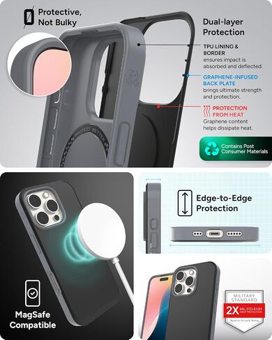 ZAGG SoHo Snap Case for iPhone 16 Pro - MagSafe Compatible, 10ft Drop Protection, Graphene-Infused, Wireless Charging, Eco-Friendly, Two-Tone Design, Black in Saudi Arabia