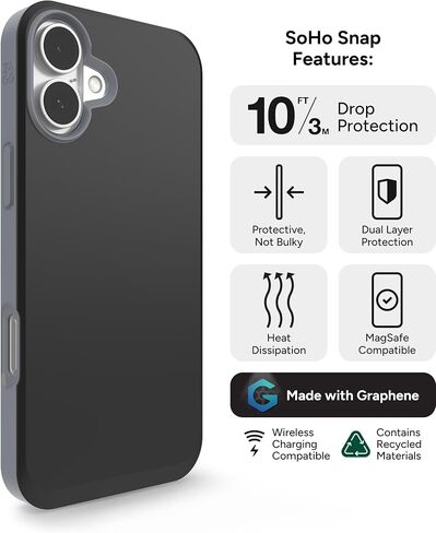 ZAGG SoHo Snap Case for iPhone 16 Pro - MagSafe Compatible, 10ft Drop Protection, Graphene-Infused, Wireless Charging, Eco-Friendly, Two-Tone Design, Black in Saudi Arabia