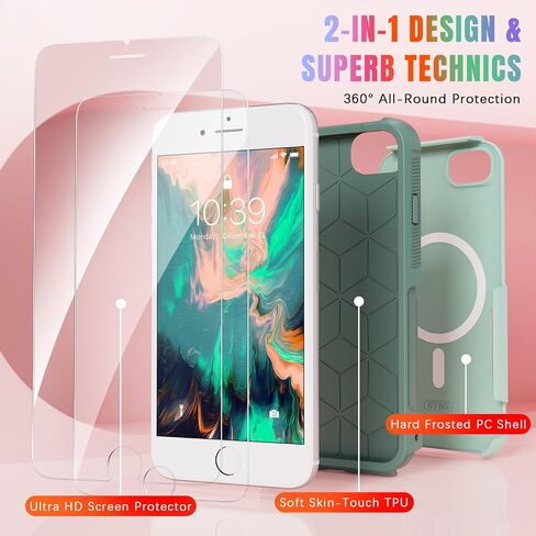حافظة لهاتف iPhone SE Gen 3rd 2022/2nd 2020، حافظة iPhone 8/7، مع واقي شاشة من الزجاج المقوى 2X، هيكل كامل مقاوم للصدمات والسقوط الثقيل بزاوية 360 درجة، كمبيوتر صلب ومادة TPU الناعمة تصميم 2 في 1، أزرق سماوي in Saudi Arabia